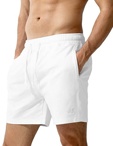 Casey Kevin Men's Sweat Cotton Shorts Summer 5 Inch Short with Zip Pockets Elasticated Waist Drawstring Casual Running Shorts White