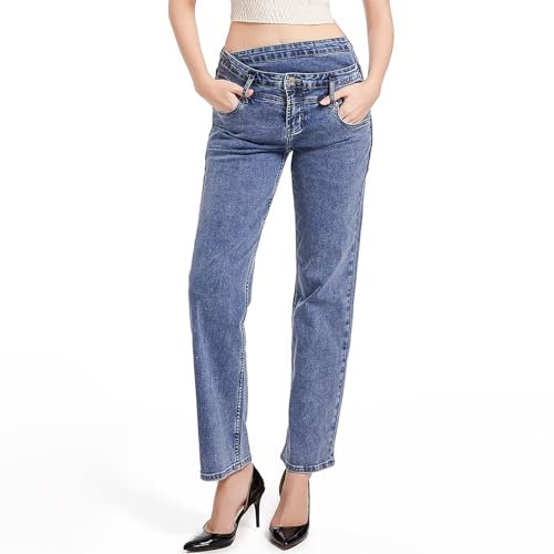 Ocimcia Jean ample pour femme, confortable et élégant, taille haute pour toutes les occasions, pantalon de maman, pantalon large et droit, pantalon large, bleu, L
