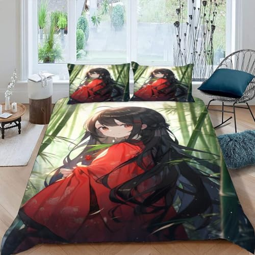 Bettwäsche 135x200 Winter Anime Mädchen Bettwäsche-Sets 3 Teilig 3d Japanische Manga-Kawaii Bettbezug Weich Mikrofaser Bettbezüge mit Reißverschluss und Kissenbezug 80x80cm für Erwachsene Kinder
