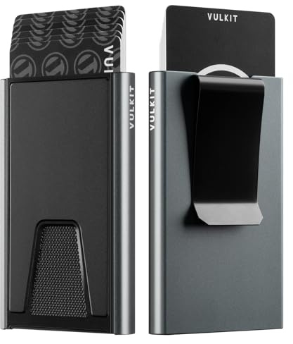VULKIT Porta Carte di Credito con Protezione RFID, Portafoglio Piccolo in Alluminio con Fermasoldi, Grigio