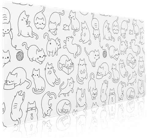 White Cute Cat Gaming Mouse Pad XXL Kawaii Kittens Anime Aesthetic Extended Big Large Desk Mat Non-Slip Rubber Base Stitched Edge Long Keyboard Mousepad for PC Computer Laptop,35.4×15.7 in