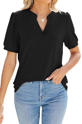 Atxnn Womens Tops V Neck T-Shirts Puff Short Sleeve Shirts Summer Ribbed Blouses Casual Soft Stretchy Tunic Top, Black X-Large