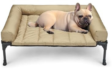 Veehoo Lit Surélevé pour Chien, Lit Camp Chien Surélevé avec Bloster Amovible Lavable Transat Chiens Extérieur Panier Canapé Chiens, Beige 81 x 64 x 18cm