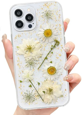 Abbery für iPhone 12 Pro Max Hülle Blumen Muster Durchsichtig Mit Getrocknete Blumen Motiv Glitzer Silikon Frauen Mädchen Stoßfeste Anti-Kratzer Handyhülle Cover für iPhone 12 Pro Max(Weiß)