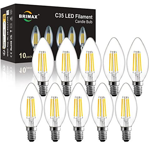 BRIMAX 10 Stück LED Dimmbare 6W Glühbirnen, E14 Fassung, 2700K Warmweiss, 6W ersetzt 60 Watt, 600 Lumen, AC220-240V, Glas Klar Edison Fadenlampe C35 Kerzenform für Kronleuchter Tischlampen Wandlampen
