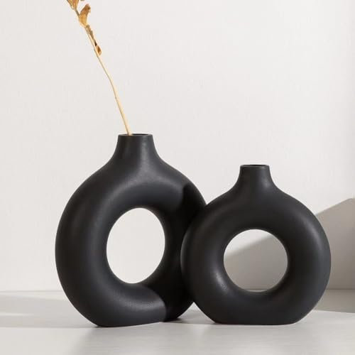 Donut Vase Deko, Matt Blumenvasen aus Keramik 2er-Set für Wohnungsdeko Tischdecko, Trockenblumen Vasen, Beige, Schwarz, Grau, Vase, Modern Keramikvase, Deko Höhe Vasen Set (L+M) (Schwarz)