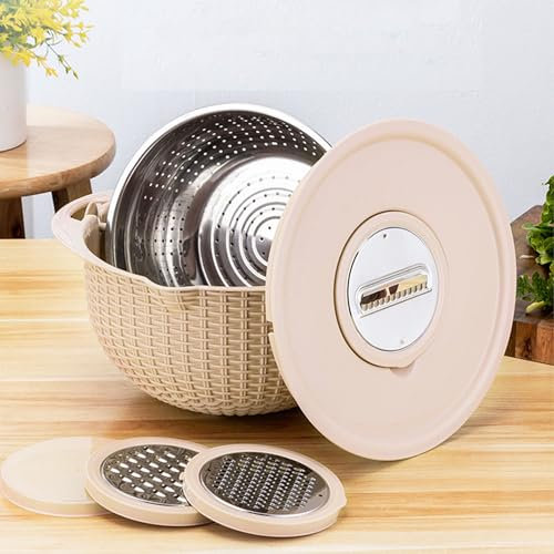Passoire 4 en 1 avec Bol à Mélanger, Passoire Rotative à 2 Couches en Acier Inoxydable, Poignée Ergonomique, Bol de Lavage de Légumes Polyvalent, Nettoyant pour Fruits, Essoreuse à Salade(Beige)