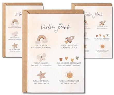 Paperlane by Essi Dankeskarte für Erzieherin Boho, Geschenkidee Abschied Kindergarten, Dankeschön Geschenk Tagesmutter, Grußkarte Kita Verabschiedung mit Kuvert Abschiedgeschenk (3 Karten mit Kuvert)