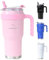 WOLFLASK 1183ml/40oz Insulated Stainless Steel Mug, with Straw, Lid and Handle, Travel Mug, Leakproof, for Hot and Cold Drinks (Candy Pink)