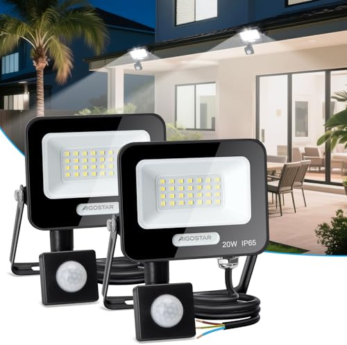 Aigostar 20W Projecteur LED Détecteur de Mouvement, 1650LM Ultra Mince Spot LED Extérieur Avec Détecteur, Blanc Froid 6500K, Lumière de Sécurité Etanche IP65 pour Jardin, Patio, Cour, Allée,Lot de 2