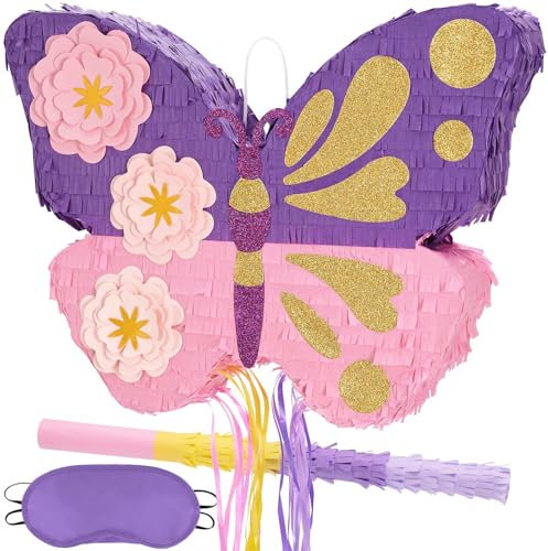 WERNNSAI Butterly Pinata – Rosa Butterly Pinata für Mädchen Geburtstag Party Dekorationen Kinder Party Spiel Zubehör mit Augenbinde Stick Geburtstag Feier Hochzeit Brautdusche Dekor