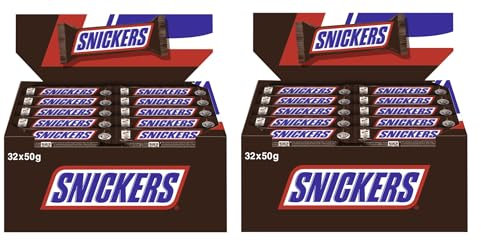 SNICKERS Riegel 2x 32x50g Schokoriegel Schokolade Milchschokolade, gefüllt mit feiner Candy-Creme und Karamell mit Erdnüssen