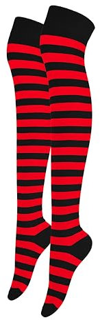 Alanna Jones Women Ladies Girls Stripe Cotton Rich Over the Knee High Socks Stripe Thigh Socks Leg Warmer for Casual Daily Wear UK Size 4-6.5 (Black Red)