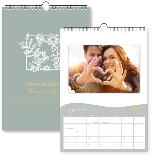 Fotokalender 2026 zum Selbergestalten - DIN A4 DIY Bastelkalender mit Ringbindung für eigene Fotos - Inklusive Feiertagen & Geburtstagsplaner - Personalisiertes Geschenk (Grün)