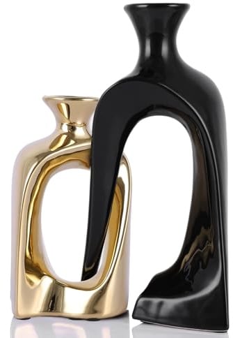 PlivBloom Schwarze und goldene Keramikvasen, moderne Boho-Donut-Vase für Couchtisch, Tafelaufsatz, Eingangstischdekoration