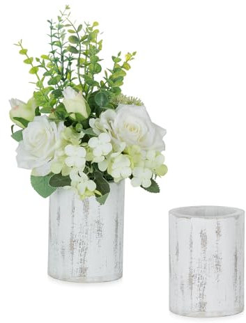 NUPTIO Vintage Vase Blumenvase aus Holz: 2 Stück 13cm Vasen Landhausstil Deko für Tischdeko Hochzeit - Gewaschenes Weiß Zylinder Kleine Blumentopf für Wohnzimmer Küche Fensterbank