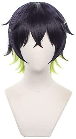 Servelove Cosplay-Perücke für Anime, schwarz, hellgrün, kurz, Unisex, Kostüm-Perücke, Charaktere, Ausstellung, Halloween, Weihnachtsfeier