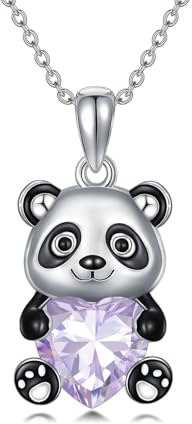 SLIACETE Panda Anhänger Halskette mit Herz Geburtsstein Panda Halskette Geschenk für Frauen