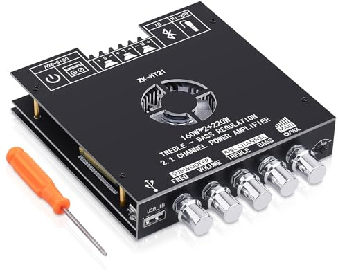 ZK-HT21 Bluetooth Amplifier Board 160W×2+220W Subwoofer 2.1 Channel Audio Amplifier Bluetooth Module with Treble and Bass Control,AUX/Bluetooth/USB Inputs for DIY Speakers
