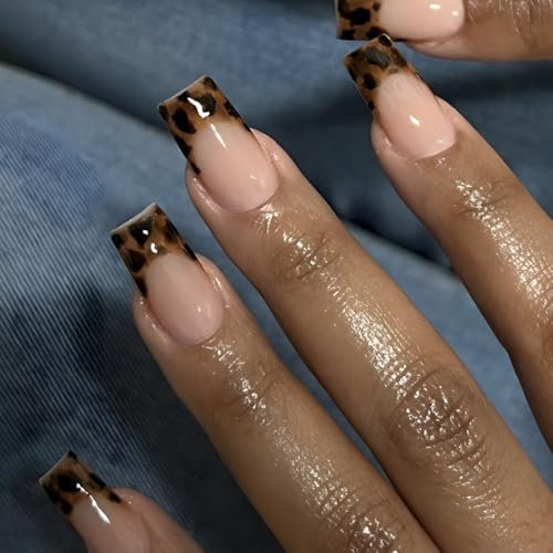 KQueenest Press On Nails Short Coffin, Brown French Tip False Nails with Glue, Bold Leopard Print Fake Nail Press ons, Reusable Gel Glue on Nails for Women with Cheetah Design 24 Pcs