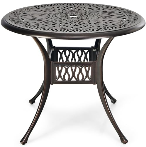 COSTWAY Mesa Jardin Exterior 91x72 cm, Agujero de Sombrillas, Mesa Redonda Terraza, Aluminio Fundido, Balcon Jardin Terraza Exterior, Carga 75kg, Cobre Rojo (Redonda 1)