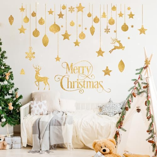 FUFUQUARE Weihnachten Wandaufkleber Glitzer Gold Rentier Glocken Schneeflocken Ornamente Fenster Schaufenster Wandtattoos, PVC Abziehen und Aufkleben Weihnachten Party Dekoration