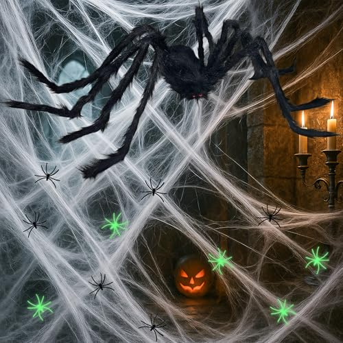 72teiliges Set halloween deko（300g Spinnennetz, 1.5M Riesenspinne, 50 kleine Spinnen, 20 leuchtende Spinnen）1.500 Quadratmeter Spinnennetz ，halloween decorations outdoor/garten/haus deko，große Spinne