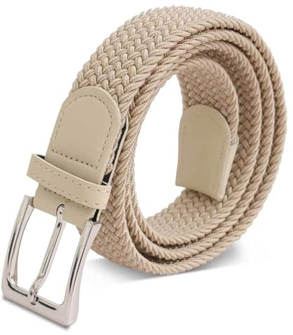 Cintura Intrecciata Elastica Unisex, Bianco e Nero, Fibbia in Metallo, Design Casual Elegante (1, beige chiaro, 105)