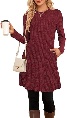 SENBATU Robe Pull Femme Hiver Dames à Manches Longues Femme Robe Tunique Boutons latéraux avec Poches