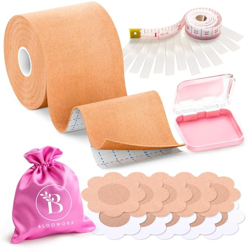 Boob Tape Premium Push Up mit Silikon Nippelpads Unsichtbares Brusttape | Aus Baumwolle und Spandex wasserfest schweißfest für Körbchengrößen A bis E, 2inch, Beige