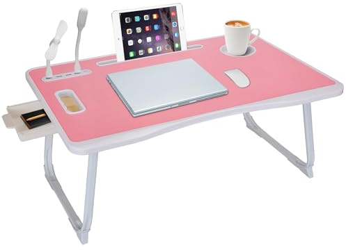 Mesa de Cama USB para Laptop, Bandeja Plegable con Puerto de Carga USB, asa, Ranura para Tarjetas de Escritorio/Taza, cajón Lateral, Soporte portátil para Comer, Leer, Trabajar y Acampar