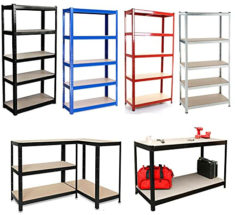 Robustes Garagenregal mit 5 Ebenen, schraubenlos, Metall, freistehende Werkbank, 875 kg Kapazität, großes rotes Lagerregal für Schuppen-Organisation