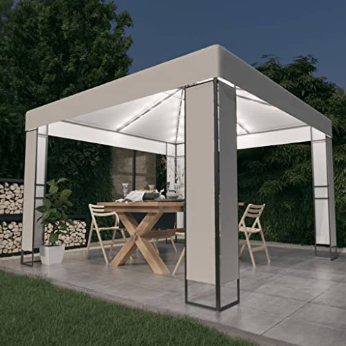 Pavillon mit Doppeldach & LED-Lichterkette 3x3 m Weiß, Robuster Garten-Pavillon aus Stahl, wasserdichte Pergola für Grillabende und Feiern