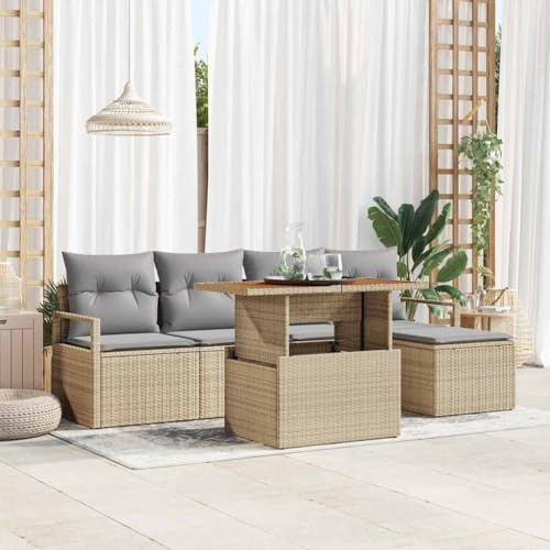 Fangmaliuyun Gartenmöbel Set 6tlg Polyrattan Dining Gruppe Beige Grau mit Akazienholz Tisch 282x207 cm Modernes Design Robustes Lounge Sofa Eckgruppe für Garten Balkon Terrasse