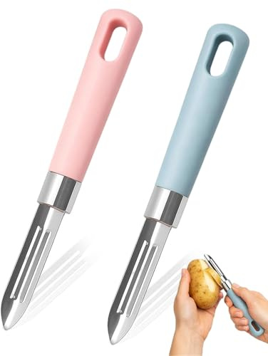 MOPZIJA 2 Pezzi Pelapatate Professionale,pela patate e verdure, sbuccia mela, Pela Verdure, Sbucciatore Manuale, per Pelare Patate, Carote e Verdure Varie e Frutta, Blu/Rosa
