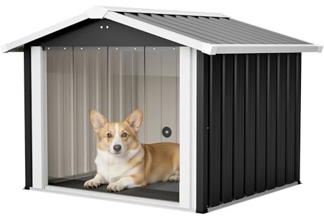 Metall Hundehütte für Draußen, Wetterfestes Hundehaus mit Transparentem Vorhang, UV-beständig & Wasserdicht, Für kleine bis mittlere Hunde, Anthrazit