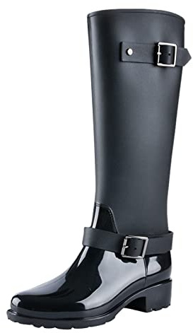 Maskjuwio Stivali di gomma da donna, stivali alti da festival, stivali di gomma alla moda con fibbia, stivali da pioggia lucidi in neoprene, completamente impermeabili, antiscivolo, stivali da