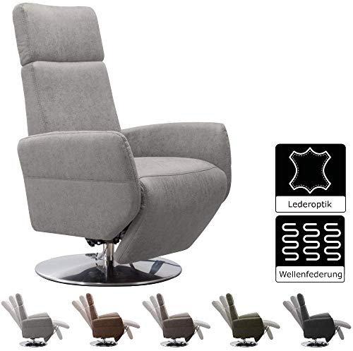 Cavadore TV-Sessel Cobra / Fernsehsessel mit Liegefunktion, Relaxfunktion / Stufenlos verstellbar / Ergonomie L / Belastbar bis 130 kg / 71 x 112 x 82 / Lederoptik Hellgrau
