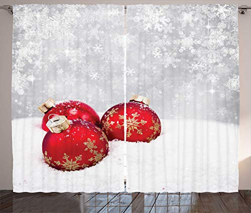 ABAKUHAUS Weihnachten Rustikaler Gardine, Kugeln auf Schneeflocke, Schlafzimmer Kräuselband Vorhang mit Schlaufen und Haken, 280 x 245 cm, Rot Weiß