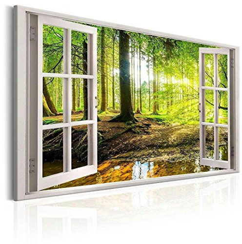 Visario bestpricepictures 120 x 80 cm Bild auf Leinwand Fenster Blick Wald 5001-SCT deutsche Marke und Lager - Die Bilder/das Wandbild/der Kunstdruck ist fertig gerahmt.