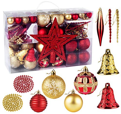 100 Piezas Bolas de Navidad de Color Rojo y Dorado, Adorno Colgante de Plástico para Árbol de Navidad, con Estrella, Cadena, Campana, Punzón