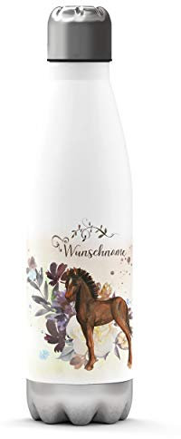 Sunnywall Premium Edelstahl-Thermosflasche Pferde mit Wunschnamen individuell personalisiert kalt & heiß Thermoskanne Isolierflasche Trinkflasche Wasserflasche Campingflasche (Pferd floral braun)