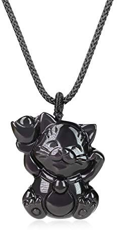 COAI Collier Ajustable Pendentif Chat Porte-Bonheur Obsidienne Noire Homme Femme