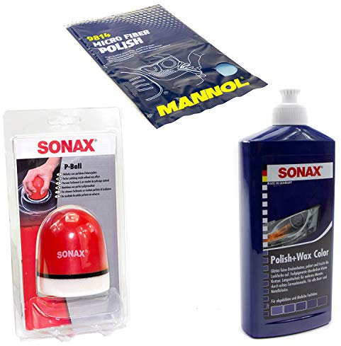 Politur Set Polish und Wax Wachs polieren Lack Color blau SONAX 500 ml + P-Ball Schwamm + Microfasertuch
