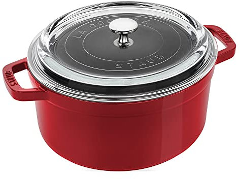Staub Cocotte redondo de hierro fundido de 4 cuartos con tapa de cristal - Cereza