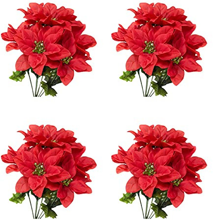 Marooma Künstlicher Weihnachtsstern, 4 Stück, 7 Köpfe, fühlen sich echt an, falscher Weihnachtsstern, rote Weihnachtssterne aus Seide, lange Stiel, Kunstblume für Heimdekoration