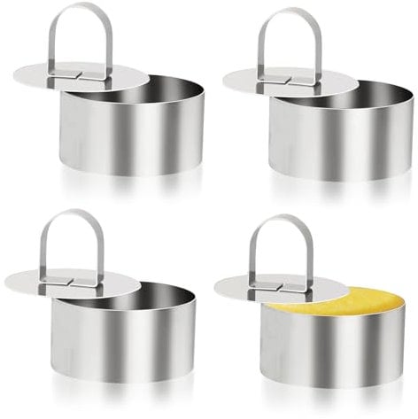 NCOALE Cooking Rings Set, 4 Pack Stainless Steel Crumpet Rings Non Stick Mini Cheesecake Moulds Baking Rings, Round Cake Ring with Food Presses for Cooking Crumpets Eggs Pastry