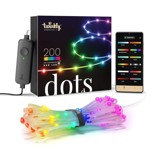 Twinkly Dots 10m, Flexibler RGB-LED-Streifen, für Drinnen und Draußen, Kompatibel mit Alexa und Google Home, IP44, Über 16 Mio. Farben, App-Steuerung, Transparentes Kabel, 200 LED-Lichter