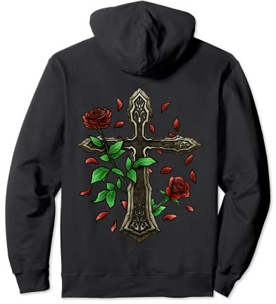 Tattoo-Stil Rote Rosen & Kreuz Jesus Anhänger Religiöser Herr Pullover Hoodie