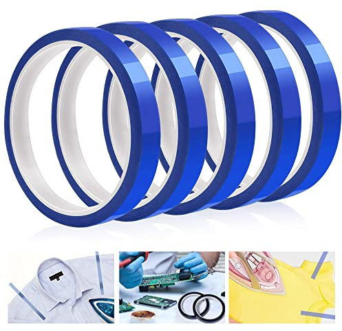 LYTIVAGEN 5 Rouleaux Ruban Adhésif Résistant à la Chaleur 10mm*33m Ruban Chauffant Sublimation en PET Ruban de Transfert de Chaleur Rubans Presse à Chaud pour DIY Couture Produit Electronique(Bleu)
